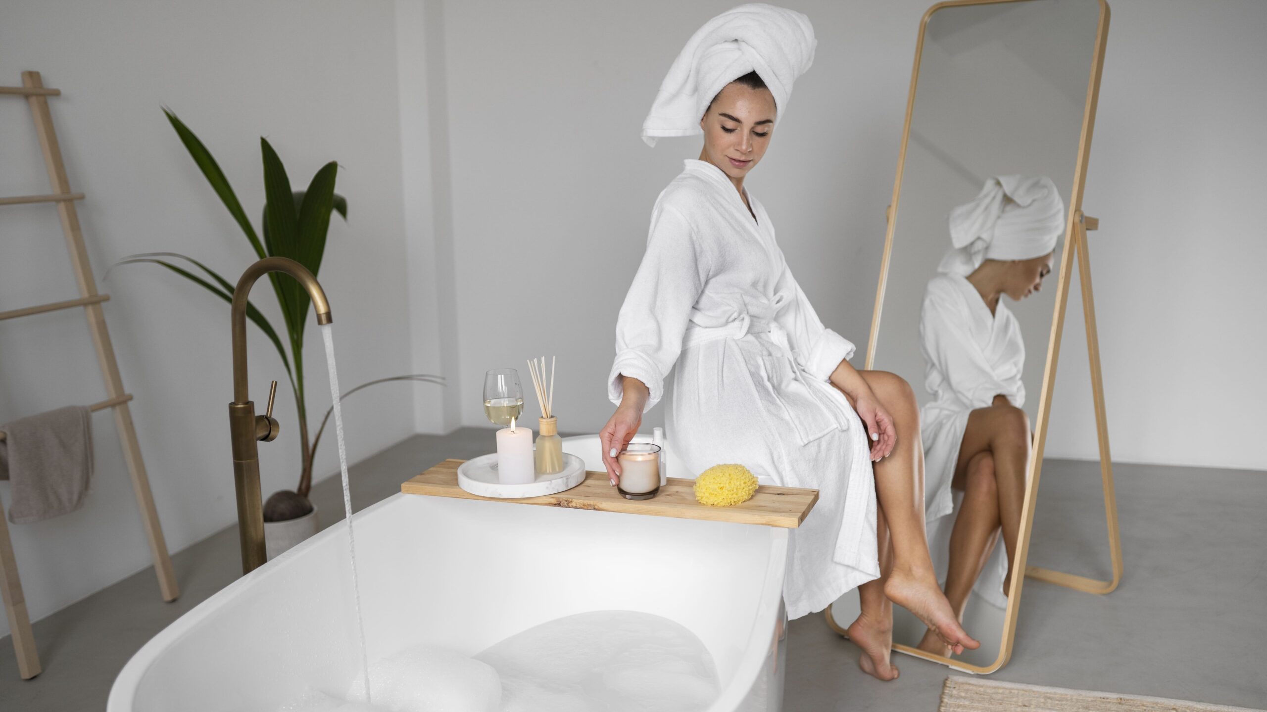 Woman in bathrobe sitting beside a modern bathtub, creating a calm in-room spa atmosphere
